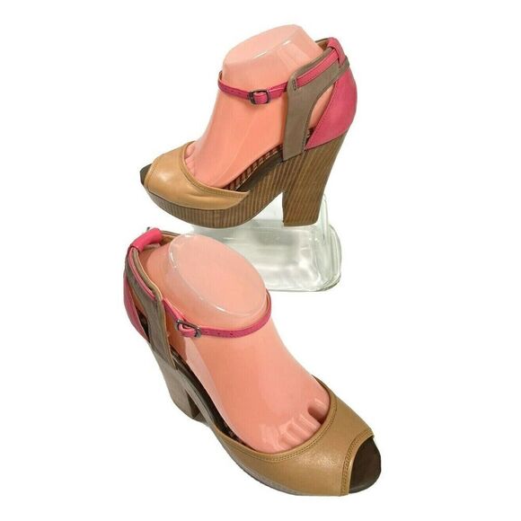 Splendid Nude Pink Platform Sandal Size 7.5 US Ankle Strap Faux Wood Chunky Heel - Picture 1 of 12